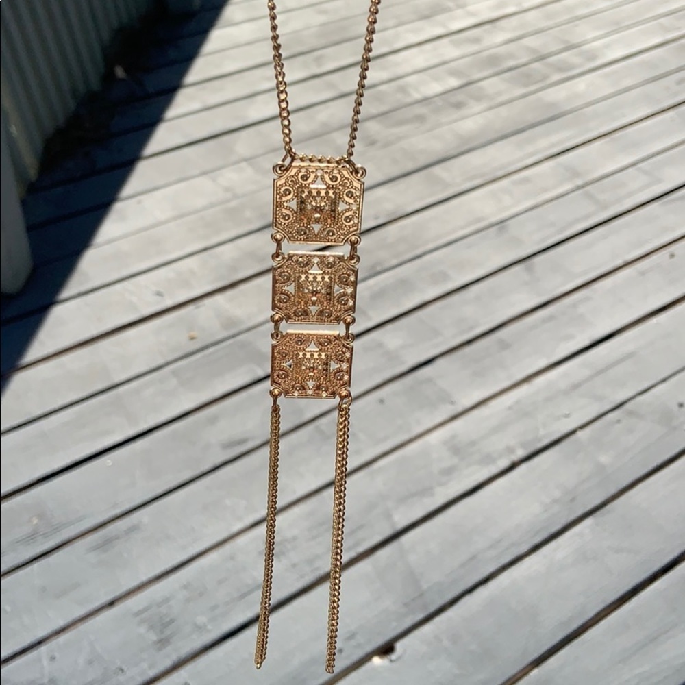 Gold Tone‎ Long 3 Square Tassel Necklace